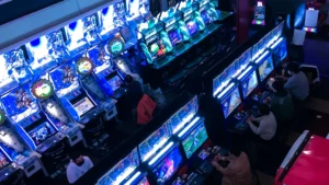 a group of people playing video games inside of a building