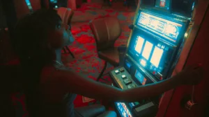 a woman playing a slot machine in a casino