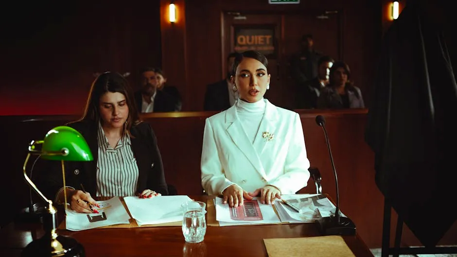 Two female lawyers in a courtroom setting, focusing on legal documents and poised presentation.