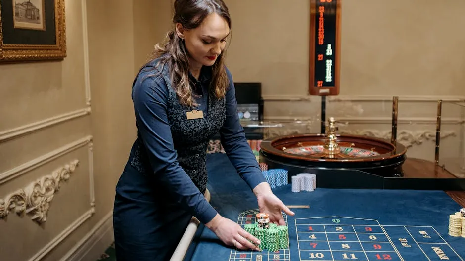 Female casino dealer arranging chips on a roulette table in an elegant gaming room.
