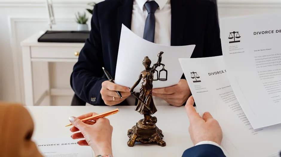 Legal professionals reviewing divorce documents in a law office with a Lady Justice statue.