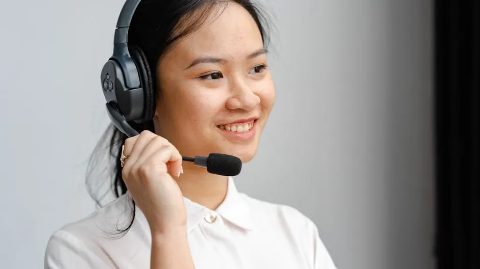 Smiling call center employee using a headset for effective customer communication.