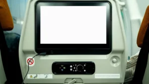 a computer monitor sitting on top of an airplane seat