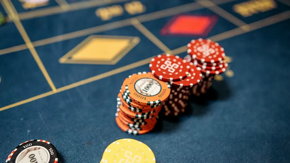 Stacked casino chips on a vibrant roulette table, symbolizing chance and gaming excitement.